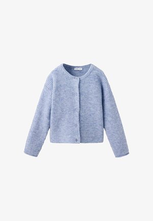 Hellblauer, gerippter Strickcardigan mit langen Ärmeln und Knöpfen vorne, dargestellt auf weißem Hintergrund.