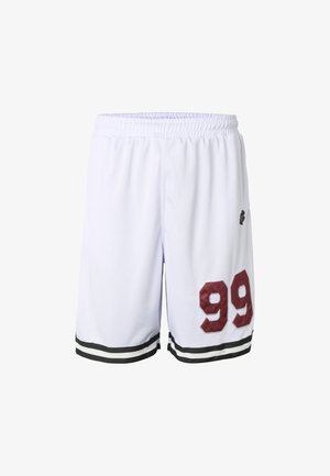 Valged korvpallipüksid elastse vööümbrisega, mustad topelttriibud ääres, paremal jalal maroon värvi number 99 ning vasakul küljel väike must logo.