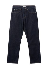 Jean denim bleu foncé à coupe droite avec fermeture avant par bouton et zip, passants pour ceinture et design cinq poches.