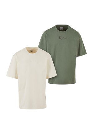 Two short-sleeve t-shirts: one in cream with subtle logo detail, the other in olive green with a contrasting logo on the chest.