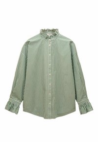 Cămașă cu dungi verzi și albe, cu mâneci lungi, guler înalt cu volane și închidere cu butoane, având manșete volanate și o croială lejeră.