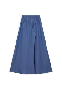 Culotte in denim di blu medio, con una vita elastica e design a gamba larga. Tessuto morbido con una finitura liscia, senza motivi visibili.