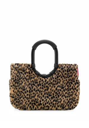 Borsa rettangolare con stampa leopardata in pelliccia sintetica e grandi manici neri arrotondati fissati da bande nere.