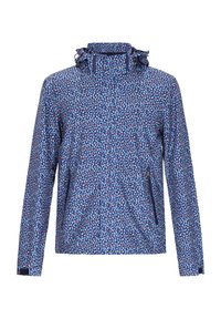 Giacca antipioggia blu con motivo, dotata di colletto arricciato, caratterizzata da disegni geometrici bianchi, rossi e blu e due tasche laterali con zip.