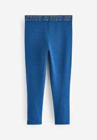 Blauwe actieve leggings met een textuurpatroon, voorzien van een blauwe tailleband met de tekst "ACTIVE" in een contrasterende kleur.