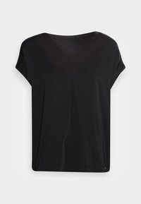 T-shirt preto de manga curta feito de tecido suave, com design de decote em V e um corte descontraído. Apresenta uma silhueta simples e limpa.