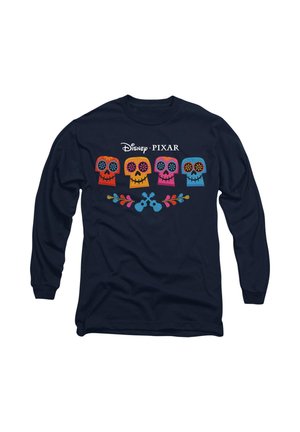Navy long-sleeve shirt with four colorful stylized skulls, two crossed guitars, and the Disney Pixar logo above.