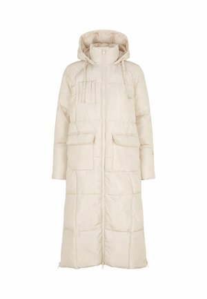 Langer beige gesteppten Steppmantel mit Kapuze, Frontreißverschluss, zwei Pattentaschen und seitlichen Reißverschlussöffnungen am Saum.