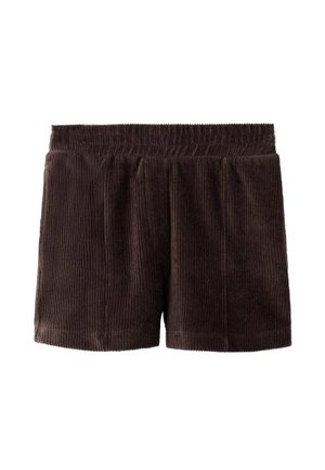 Shorts en velours côtelé marron avec une surface texturée, taille élastique et coupe décontractée. Ourlet droit et coutures latérales. Tissu doux.
