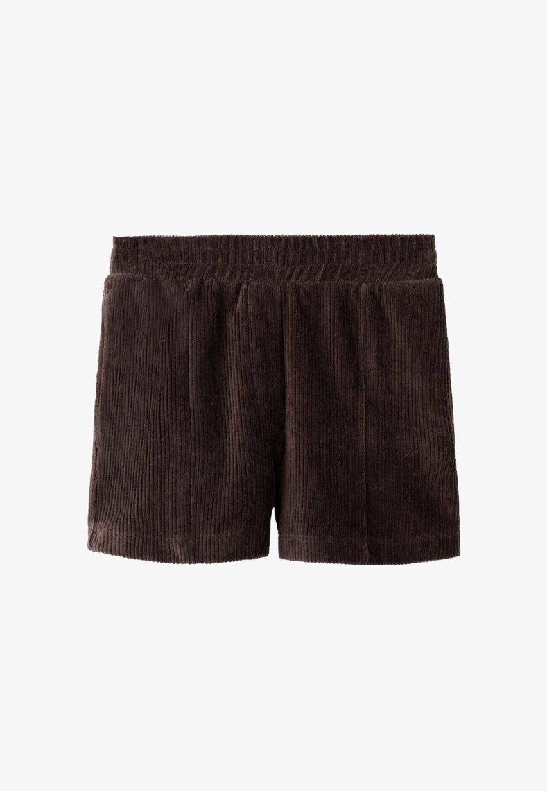 Hnedé kordové šortky s textúrovaným povrchom, elastickým pásom a voľným strihom. Priamy lem a postranné švy. Mäkká tkanina.
