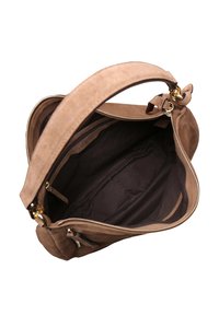 Hellbraune Suede-Handtasche mit einem Reißverschluss oben, schwarzes Innenfutter, einer Innentasche mit Reißverschluss und einem einzelnen Tragegriff.