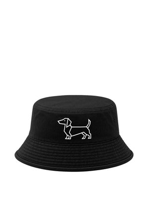 Black bucket hat with a white geometric dachshund dog outlined on the front center of the hat.