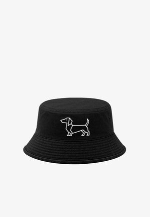 Black bucket hat with a white geometric dachshund dog outlined on the front center of the hat.