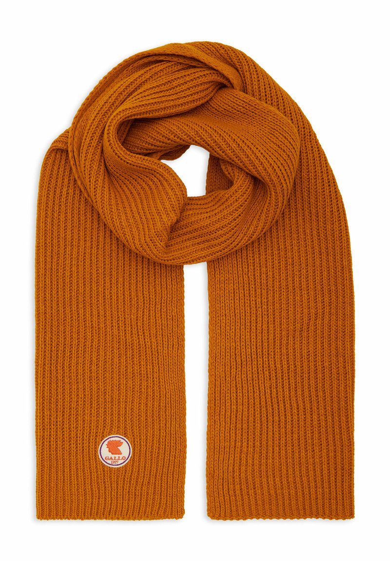 Orange ribbed knit scarf folded in a loop with a small round Gallo 1927 logo patch near one end on a white background.