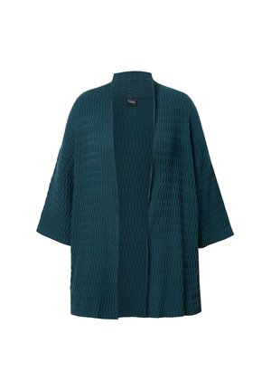 Gilet en tricot texturé teal à ouverture frontale avec des manches larges et un motif géométrique subtil, présenté sur un fond blanc uni.