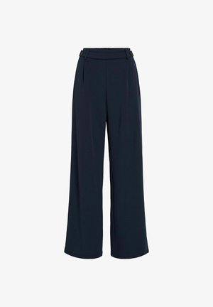 Marineblaue weite Hose mit hoher Taille, knöpfbaren Gürtelschlaufen und vorderen Falten, vor einem weißen Hintergrund präsentiert.