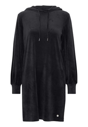Robe à capuche noire en tissu doux et velouté. Présente des manches longues avec des poignets froncés et un petit logo en accent à l'ourlet.