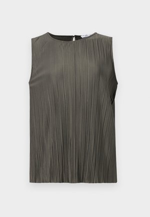 Ärmelloses Oberteil in dunklem Olivgrün mit vertikalen Falten, Rundhalsausschnitt und Schlüsselaugen-Detail auf der Rückseite. Sanfte Textur und fließendes Design.