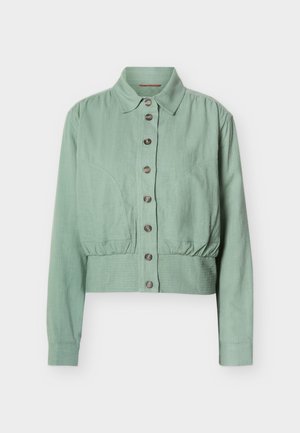 Lichtgroene blousejas met lange mouwen, kraag, geplooide taille en gestructureerde stof.