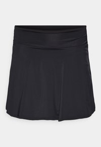Falda negra con una cinturilla ancha y plana y un diseño acampanado. Fabricada en tela suave y elástica, con costuras limpias a lo largo del dobladillo.