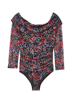 Body a maniche lunghe con stampa floreale. Presenta un collo drappeggiato e una texture arricciata. Motivo floreale multicolore su uno sfondo nero trasparente.