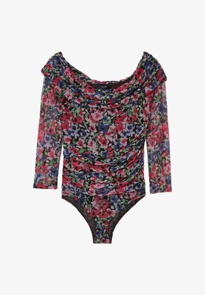 Body floral à manches longues. Présente un décolleté drapé et une texture froncée. Motif floral multicolore sur fond noir transparent.