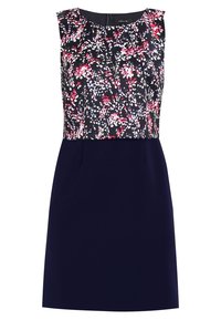 Robe sans manches avec un haut à motifs floraux dans des couleurs sombres et une jupe unie bleu marine, présentant une coupe droite et une texture subtile.