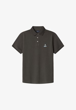 Czarny szary polo wykonane z bawełny, z zapięciem na trzy guziki i małym wyszywanym logo na piersi. Krótkie rękawy i standardowy krój.