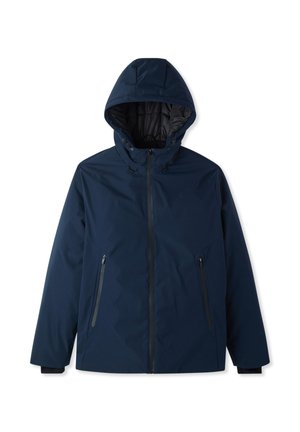 Giacca a zip con cappuccio blu navy, dotata di due tasche laterali e polsini elastici, realizzata in un materiale liscio e resistente all'acqua.