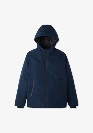 Giacca a zip con cappuccio blu navy, dotata di due tasche laterali e polsini elastici, realizzata in un materiale liscio e resistente all'acqua.