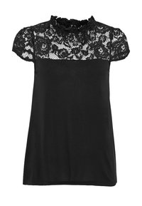 Černý top s krajkovým sedlem s květinovým vzorem, krátkými nabíranými rukávy, volánkovým výstřihem a hladkým tělem z tkaniny.