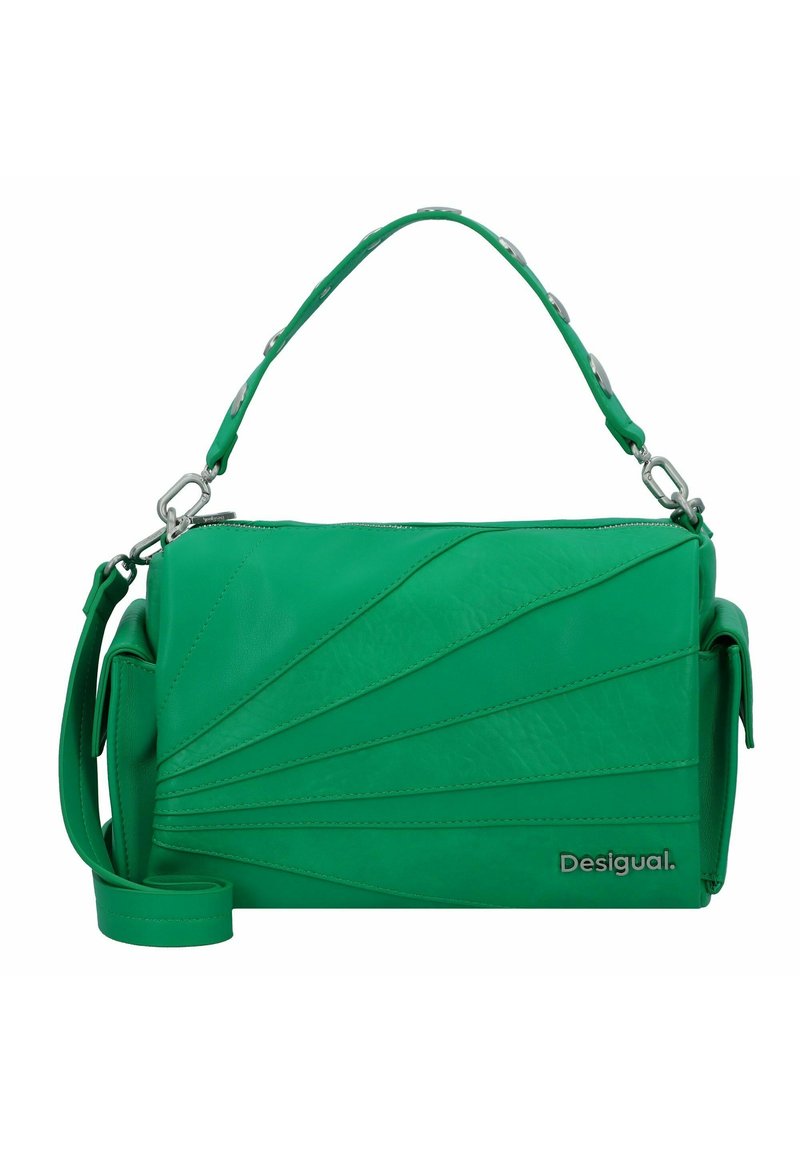 Sac à main en cuir vert avec un design plissé, fermeture éclair, bandoulière amovible et accents métalliques. Logo de la marque visible à l'avant.