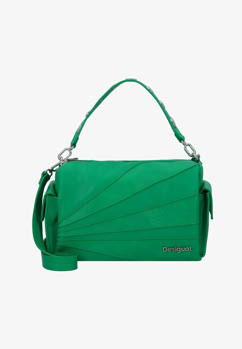 Sac à main en cuir vert avec un design plissé, fermeture éclair, bandoulière amovible et accents métalliques. Logo de la marque visible à l'avant.