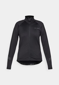 Black cycling jacket with full-length zipper, long sleeves, textured fabric, reflective accents, and a fitted design for comfort and performance.