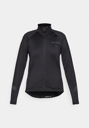 Black cycling jacket with full-length zipper, long sleeves, textured fabric, reflective accents, and a fitted design for comfort and performance.