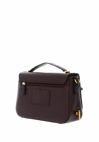 Dark brown textured leather handbag with top handle, zippered back pocket, gold hardware, and rectangular shape on white background.