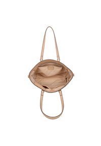 Borsa tote beige con due manici, apertura superiore, interno spazioso, foderatura in tessuto morbido e tasca interna con zip. Texture liscia, forma arrotondata.