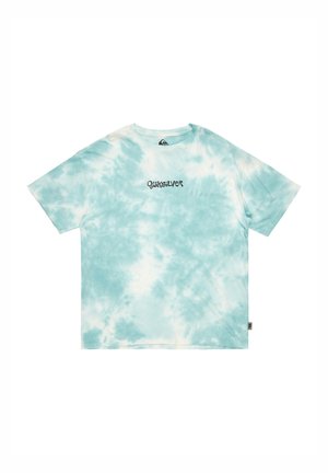 T-shirt bleu clair en tie-dye avec des manches courtes et un col rond. Arborant le logo noir "Quiksilver" centré sur la poitrine. Fabriqué en coton.
