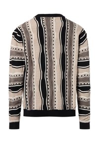 Maglione lavorato a maglia con un motivo a righe verticali in beige, nero e grigio. Polsini e orlo a coste; tessuto strutturato con larghezze variabili.
