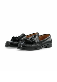 Zwarte leren loafers met een glanzende afwerking, voorzien van een decoratieve kwast, gestikte details en een lage blokhak.