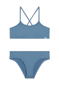 Niebieski zestaw bikini składający się z topu braletowego z skrzyżowanymi ramiączkami oraz pasujących low-rise majtek, wykonany z gładkiego, elastycznego materiału.