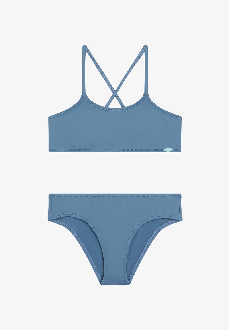 Niebieski zestaw bikini składający się z topu braletowego z skrzyżowanymi ramiączkami oraz pasujących low-rise majtek, wykonany z gładkiego, elastycznego materiału.