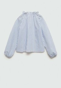 Blue and white striped blouse with a gathered neckline and long puffed sleeves, made of lightweight fabric, featuring vertical stripes.