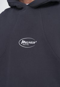 Felpa grigia scura realizzata in tessuto morbido, con un logo frontale in carattere bianco e cappuccio rotondo. Il design include dettagli di cucitura visibili.
