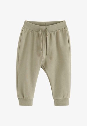 Lichtgroene joggerbroeken gemaakt van zachte stof, met een elastische tailleband met trekkoord en ribgebreide boorden bij de enkels.