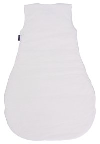 Weißer Schlafsack aus Stoff in runder Form, ärmellos und mit glatter Textur, ausgestattet mit einem kleinen Logo-Tag an der Seite.