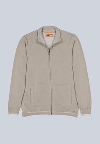 Hellgraue Zip-Up-Strickjacke mit hohem Kragen, gerippten Bündchen, zwei Fronttaschen und einem dezenten Etikett am unteren Saum.