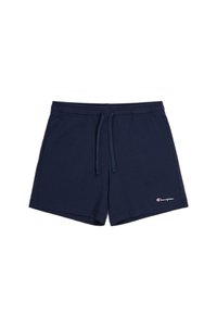 Pantalones cortos azul marino de algodón con cintura elástica, cordón ajustable y bolsillos laterales. Presentan un pequeño logo blanco de "Champion" en el lado izquierdo.