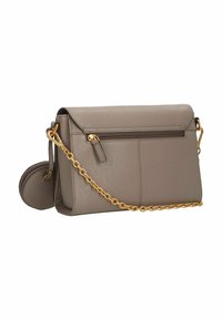 Grau strukturierte Lederhandtasche mit einem goldenen Kettenriemen, Reißverschlussfach und einer runden Geldbörse, die angebracht ist. Klare Linien und strukturierte Form.
