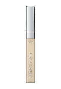 Flüssiger Concealer in einem schlanken, durchsichtigen Behälter mit silberner Kappe. Das Produkt ist hellbeige mit der Aufschrift "perfekte Übereinstimmung" in Weiß.